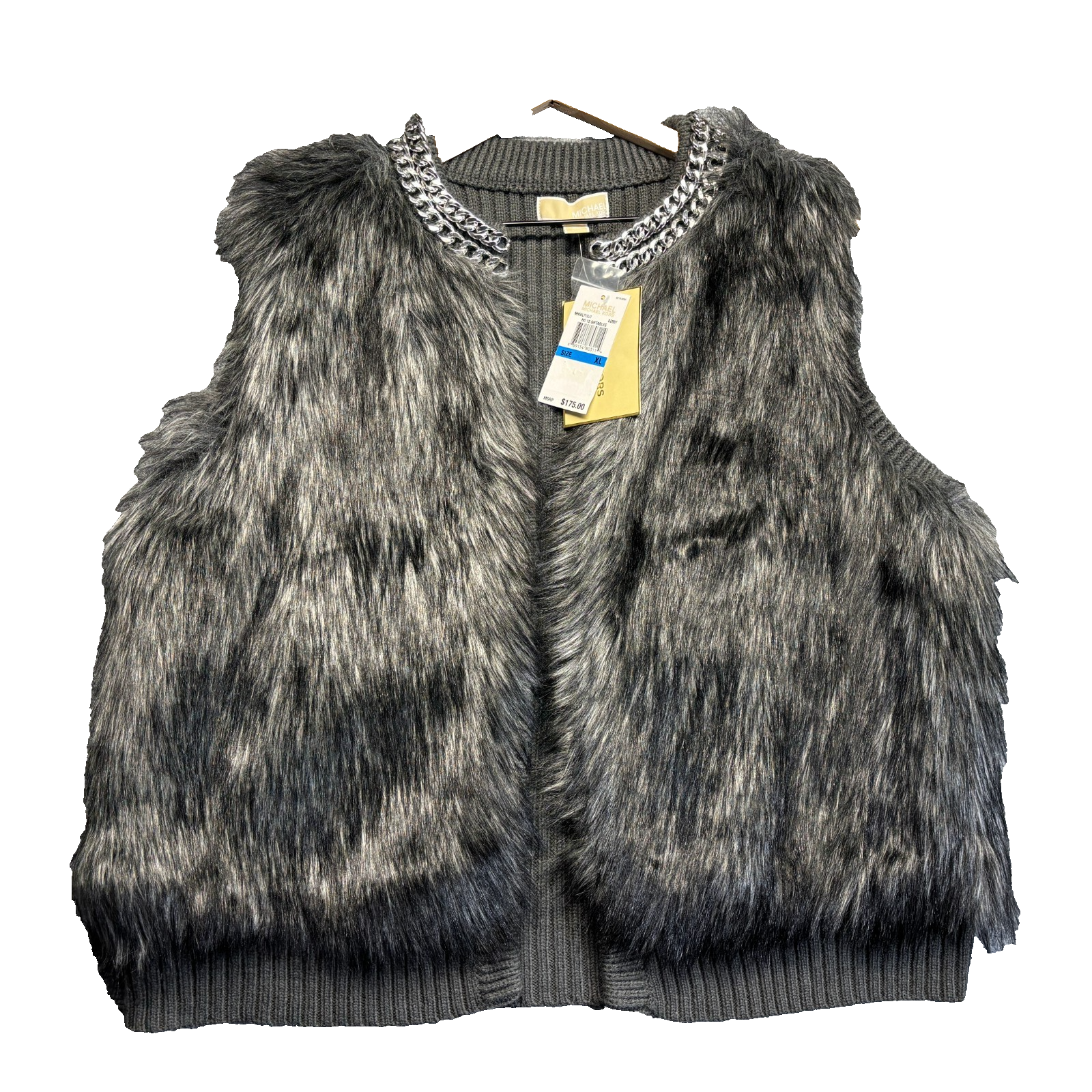 Michael Kors Nwt Faux Fur Vest Gray Black Chain Neck Knit Sweater Back Xl